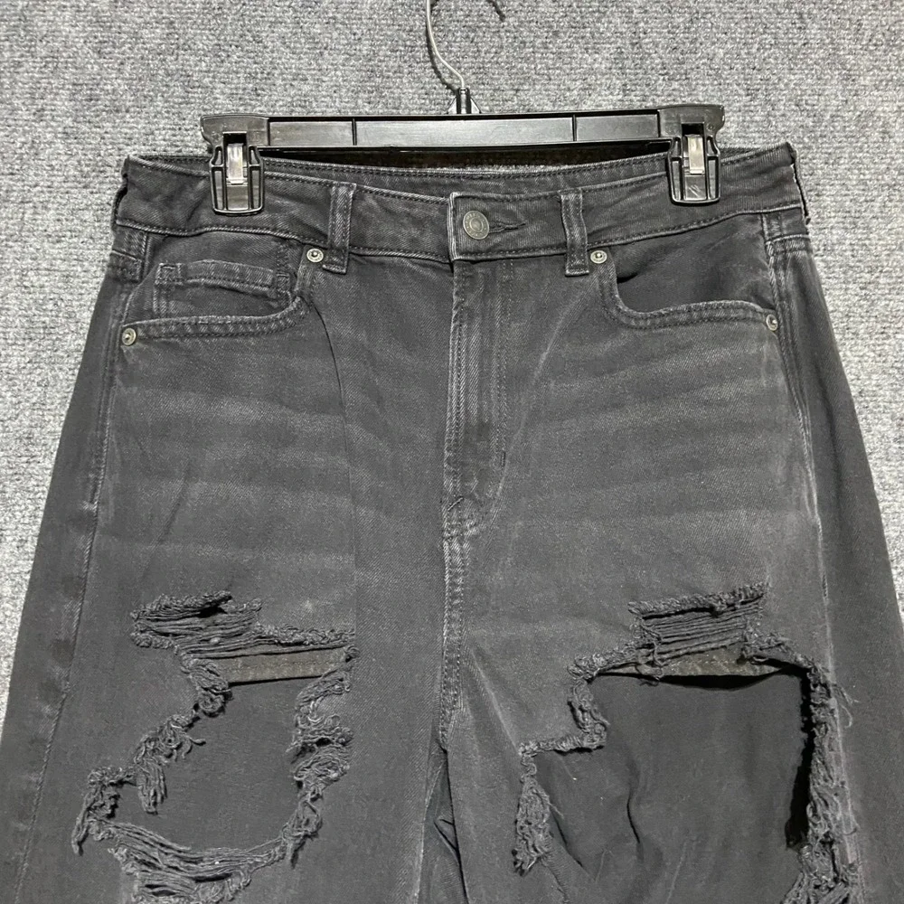 American Eagle Mom Jeans Womens 10R Faded Black Distressed Ripped High Rise